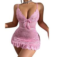 Nouvelle Robe de Nuit Sexy en Dentelle Transparente Imprimée avec Nœud Papillon pour Femmes, Style Europe et Amérique