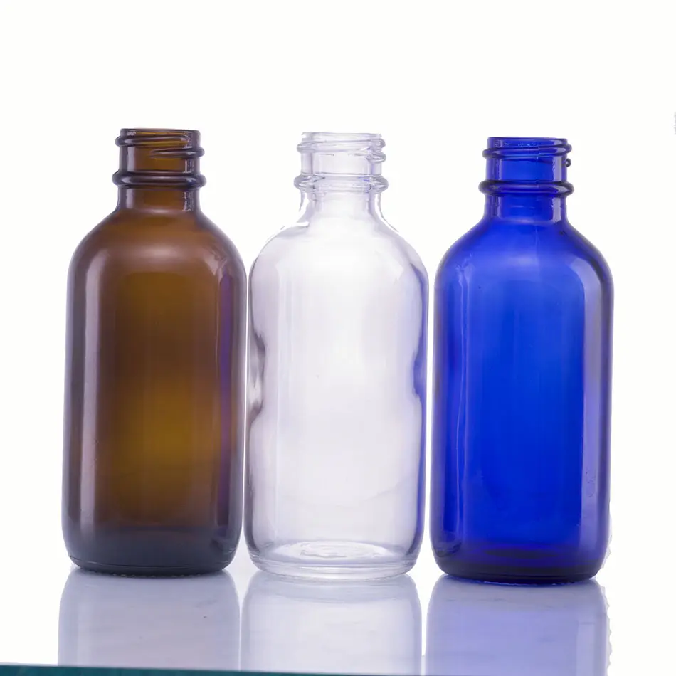 Botella de vidrio transparente para medicina líquida, Frasco redondo de 1/2OZ, 1OZ, 2OZ, 4OZ, 8OZ, 16OZ, 32OZ, ámbar azul, boston, venta al por mayor