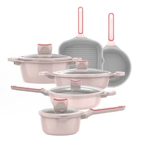 Розовая кухонная посуда с покрытием из мрамора