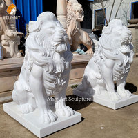 MILY Weiße Marmor Sitzende Löwen-Statuen Skulptur in Lebensgröße Handgeschnitzt für Außenbereich Haustür