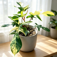 Vente directe de plantes d'intérieur, Philodendron Florida Beauty à feuilles lobulées et variegées, pour la décoration des étagères et comptoirs intérieurs