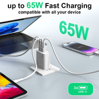 Chargeur d'ordinateur portable certifié CE FCC ETL 65W Gan, triple port USB C, charge rapide, chargeur mural intelligent et sûr avec circuit intégré pour ordinateur portable et iPhone