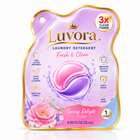 Sachet de lessive à dose unique 10 ml, forme découpée, trou de suspension, thermoscellable, personnalisable OEM pour lessive liquide, échantillon de voyage pour hôtel