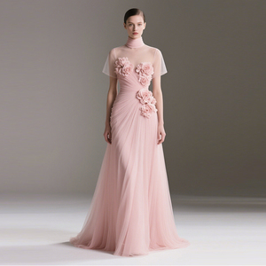 Abito da sera <span class=keywords><strong>in</strong></span> <span class=keywords><strong>Tulle</strong></span> rosa da donna con collo alto a manica corta <span class=keywords><strong>trasparente</strong></span> 3D decorazioni floreali <span class=keywords><strong>in</strong></span> stile increspato Maxi abiti per eventi formali - Product Image 1