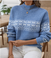 Pulls de Noël FNJIA pour femmes, pull en tricot jacquard bleu flocon de neige, col montant en chenille, pull en tricot d'hiver OEM