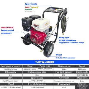 Hidrolavadora de <span class=keywords><strong>Gasolina</strong></span> Honda GX390 de Alta Resistencia, 3800 PSI/262 BAR, Doble Arranque, Presión Ajustable, para Maquinaria de Construcción - Product Image 6