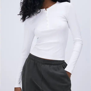 Chemise en tricot décontractée à manches longues pour femmes, coupe ajustée, boutonnée sur le devant, couleur unie, haut <span class=keywords><strong>basique</strong></span> pour tous les jours, <span class=keywords><strong>t</strong></span>-<span class=keywords><strong>shirt</strong></span> streetwear personnalisé - Product Image 2