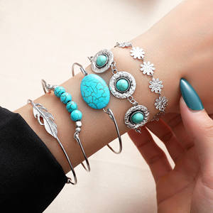 European and American New Combination <b>Bracelet</b> Vintage Ethnic Turquoise Feather <b>Flower</b> 5-Piece Set <b>Bracelet</b> <b>Bracelet</b> Wholesale - Product Image 2