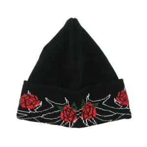 Bonnet d'hiver en tricot chaud unisexe coloré en acrylique de qualité supérieure OEM avec lettrage jacquard connecté, bonnet tricoté personnalisé à fleurs