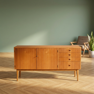 Honey Color Teak Wood Living Room <b>Sideboard</b> 2 Door Asymmetric Accent Storage Dining Cupboard Set - Product Image 1