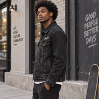Veste en jean vintage délavée noire à logo personnalisé du fabricant, coupe lourde, style streetwear, avec fermeture boutonnée, type trucker
