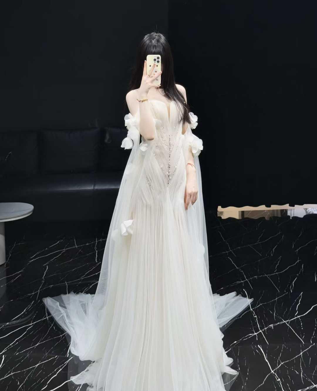 sachin and babi light blue dress White Chiffon Simple Beaded Round Neckline Long Prom Dress, White Form –  classygown main image 1