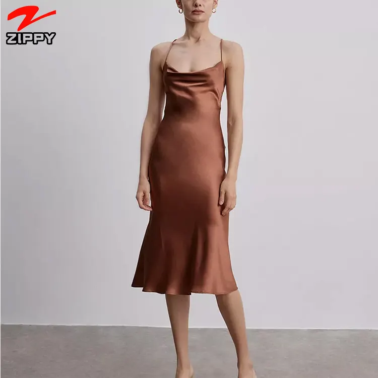 2023 New Arrival Custom Woman Summer Club Sexy Halter Backless Bodycon Party Lady Satin Stylish Fashion Fitted Midi Dress