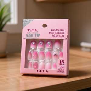 Puntas de uñas cuadradas T.I.T.A, 16 piezas, degradado rosa con pedrería para uso diario - Product Image 3