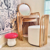 Coiffeuse vintage en rotin avec miroir et chaise, ensemble table de toilette arrondie et tabouret pour la maison