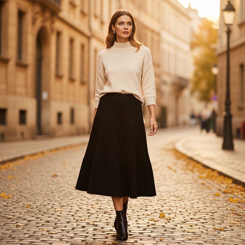 Women Wool Blend Pleated Knee-Length Natural Waist A-Line Knit Swing ...