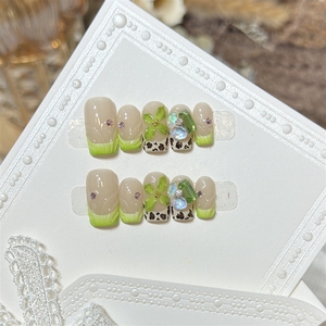 Faux <span class=keywords><strong>ongles</strong></span> à presser faits main de haute qualité, vert herbe, French manucure, fleur 3D en acrylique, vente en gros - Product Image 3
