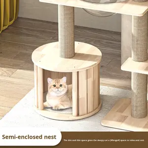 Tour à chat moderne en bois massif personnalisée avec poteau vertical à 5 niveaux, emballage en carton, lit et grattoir pour chat écologique - Product Image 4