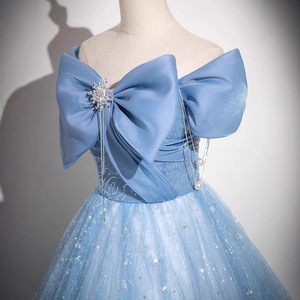 Blue Off-Shoulder Ball Gown Empire Waist Sparkle Tulle Graduation Evening Dress For Women Host Vocal Exam Dress - Product Image 3