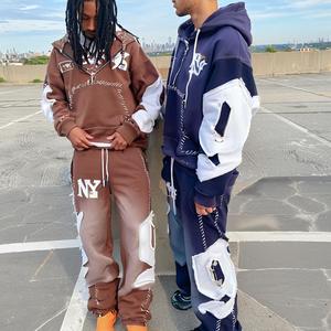 Chất lượng cao tùy chỉnh vá thêu Hoodies và Sweatpants thiết lập cổ điển Áo Thun Heavyweight đau khổ rửa axit Tracksuit - Product Image 3