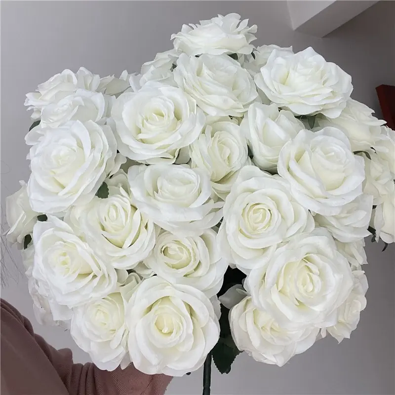 Grosir Pernikahan Bundel Bunga Palsu Buatan 9 Kepala Bunga Sutra Buket Mawar Putih