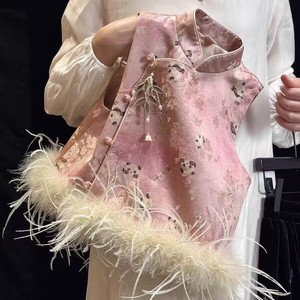 Girls Panda Print Silk Vest Pink Thickening Ostrich Feather Trim Autumn Winter Fashion - Product Image 3