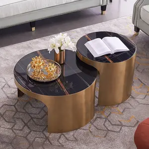 Muebles de salón de roble, juego de mesa central de mármol de diseño moderno, mesa de centro de marco dorado hueco de Metal de lujo