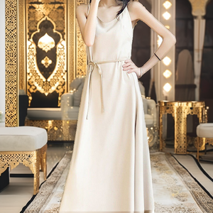 Robe longue élégante en soie pour femme, col rond, sans manches, couleur unie, légère, pour l'été, usage quotidien, ourlet droit - Product Image 2