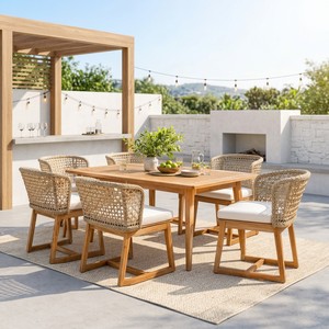 Ensemble de table à manger d'extérieur en teck massif avec 6 chaises en corde tressée, mobilier de patio de luxe pour villa, hôtel, complexe hôtelier - Product Image 3