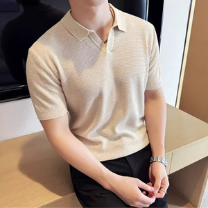Polo de Manga Corta Gris para Hombre, Color Sólido, Tejido Transpirable, Corte Ajustado, Estilo Urbano - Product Image 2