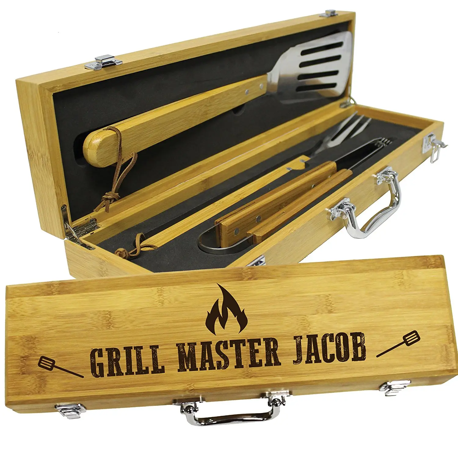 Hot Sell 3 Piece BBQ Tool Set With Bamboo Handle in Bamboo Storage Case
