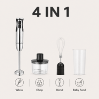 Blender Tangan Elektrik 370W 4 Mata Pisau dengan Wadah, Penggiling, Pengocok, 2 Kecepatan, untuk Penggunaan Rumah Tangga, Menghaluskan, Jus, Selai, Sup, Kaldu