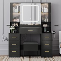 Ventes Flash Usine Meubles Coiffeuses Modernes en Bois Noir avec Grand Miroir Éclairé, 7 Tiroirs, Multiprise et Éclairage Réglable
