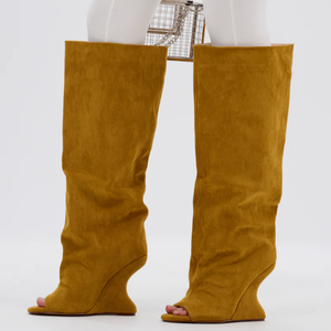 Nuevas botas de Punta abierta de gamuza con tacón de cuña para mujer, botines hasta la rodilla para mujer - Product Image 4