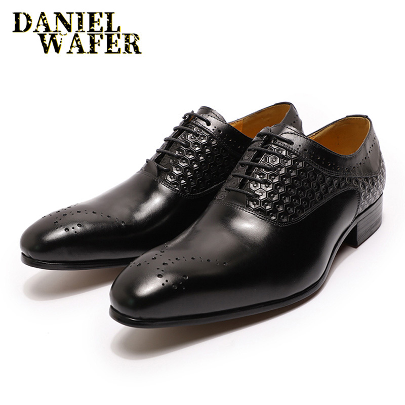 Men\'s Black Heel Design Daniel Wafer Laced‎ Dress Shoes Wing Tip Size 43 Winter Luxury Men Genuine Leather Shoes Lace Up Wedding  main image 3