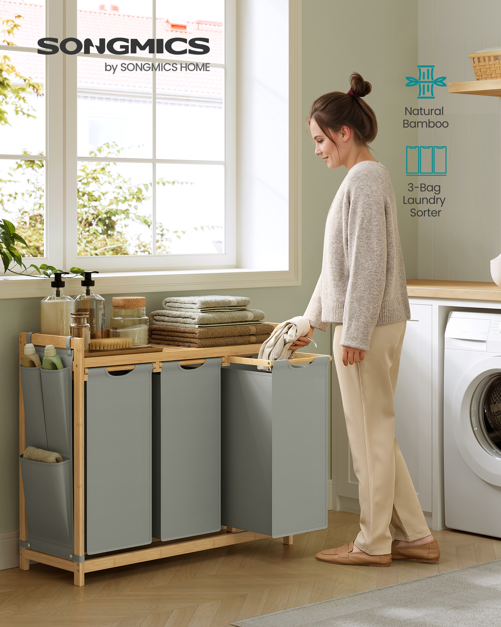 SONGMICS 150L Wäschekorb Wäschetrenner mit Seitentaschen aus Bambus, 3 Fächer, Wäschesammler mit Ablage| Alibaba.com