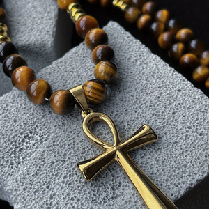 Collar de Cruz de hematita dorada con cuentas de piedra de ojo de tigre de piedra Natural Católica Cristiana religiosa de alta calidad para hombres - Product Image 3