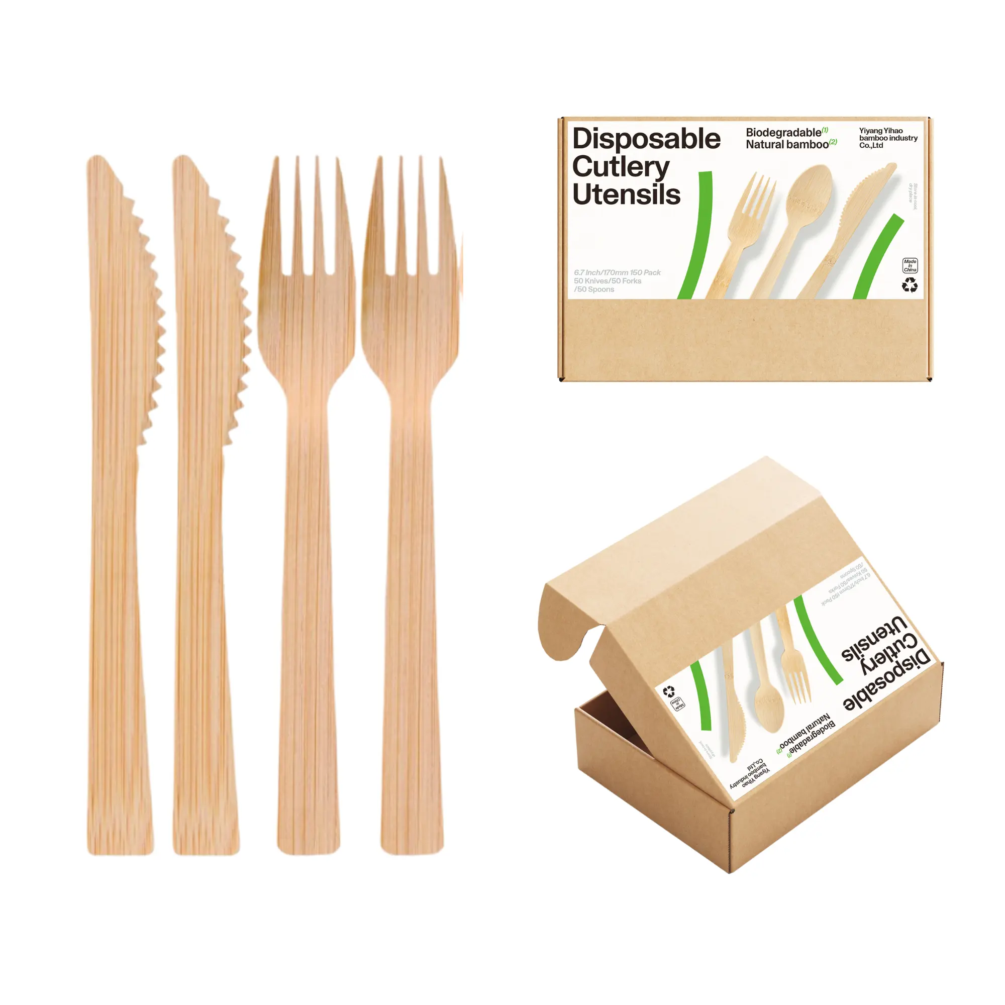 Talheres de bambu descartáveis com contagem 160 | Conjunto utensílio ecológico, biodegradável e resistente, colher de garfo faca de bambu