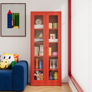 Libreria Alta in Acciaio con Ripiani Multipli e Ante in Vetro per Biblioteca Domestica - Product Image 2