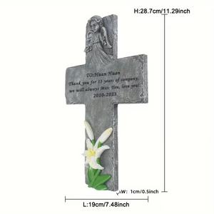 Placa Conmemorativa de Resina Personalizable con Cruz - Nombre/Fecha/Cita Grabable, Diseño de Ángel y Lirio, Ideal para Tributo en el Jardín - Product Image 6