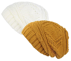 Lot de 2 bonnets d'hiver tricotés amples et doux pour <span class=keywords><strong>femme</strong></span>, couleur unie moutarde-ivoire, lavage à la main uniquement, tour de tête 48-50 cm - Product Image 1