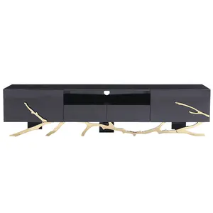 โต๊ะวางทีวีโลหะสีทอง,ที่วางทีวีโมเดิร์นสีดำและสีทองดีไซน์แบบอิตาลีไม้ระแนงสีดำพร้อมลิ้นชักสำหรับห้องนั่งเล่น