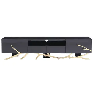 Design Modrest Legend Modern Schwarz & Gold <span class=keywords><strong>TV</strong></span>-Ständer Gold Metall <span class=keywords><strong>TV</strong></span>-Tisch Schwarz Lackiertes Holz mit Schubladen für Wohnzimmer - Product Image 1