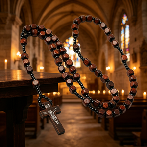 Rosario de Madera con Cuentas y Crucifijo Plateado INRI, Joyería Religiosa Cristiana, Unisex, Hecho a Mano, Chapado Antiguo - Product Image 3