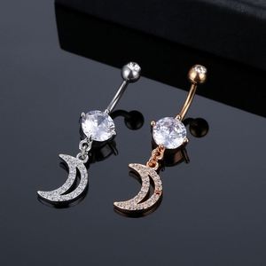 Fashion Gold Plated <b>Brass</b> Zircon Belly Button Ring with Hollow Long Crystal Moon Design for Wedding - Product Image 2