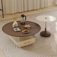Mesa de Centro Redonda de Acrílico con Cajón, Estilo Moderno y Minimalista, Tapa de Madera Maciza, Cajón de Madera Ecológica E1, Color Blanco Crema, para Sala de Estar