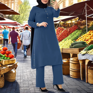 Ensemble deux pièces de tunique et pantalon Abaya uni pour l'automne, avec col rond, manches longues, boutons en bois et ourlets élastiques latéraux pour femmes musulmanes - Product Image 2