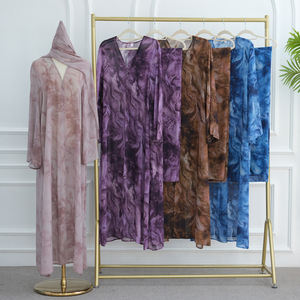 Robe en <span class=keywords><strong>mousseline</strong></span> imprimée tie-dye Abaya ouverte sur le devant avec bouton et écharpe assortie islamique musulmane femmes vêtements Caftan Robe <span class=keywords><strong>Djellaba</strong></span> - Product Image 4