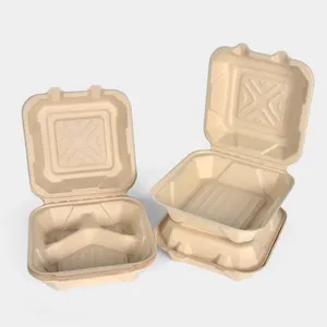 SenAng07 Factory Price Food Lunch Box 1 2 3 Compartment Sugar Cane Shipping Pulp Sugarcane Bagasse Hamburger Clamshell Container