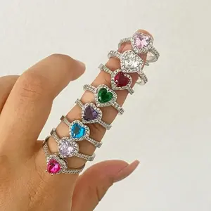 Hot Sale Silver Gold Plated Iced Out Full Diamond Heart Ring Multi Color CZ Cubic Zirconia Heart Rings For Women Valentine